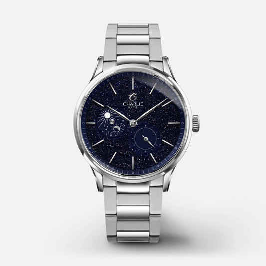 Charlie Paris Initial Jour/Nuit aventurine 36 mm : vue de face sur bracelet acier