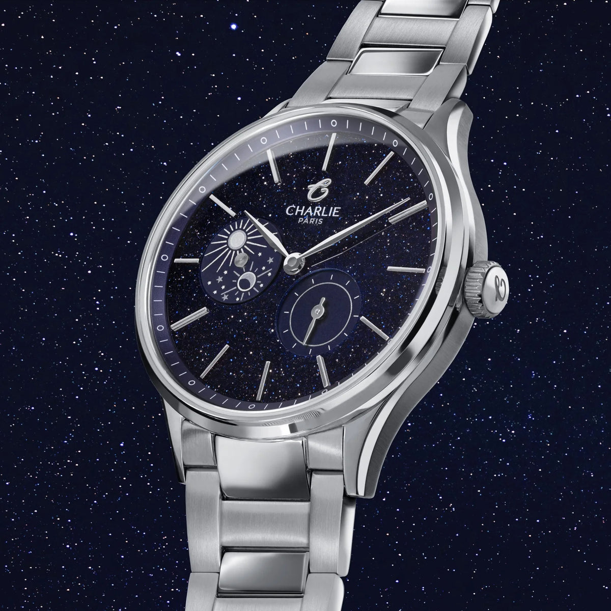 Charlie Paris Initial Jour/Nuit aventurine 36 mm : vue de trois quarts sur acier