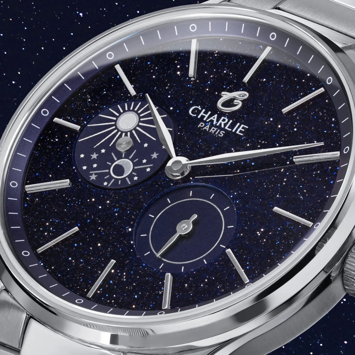 Charlie Paris Initial Jour/Nuit aventurine 36 mm : détail du cadran et du disque jour/nuit