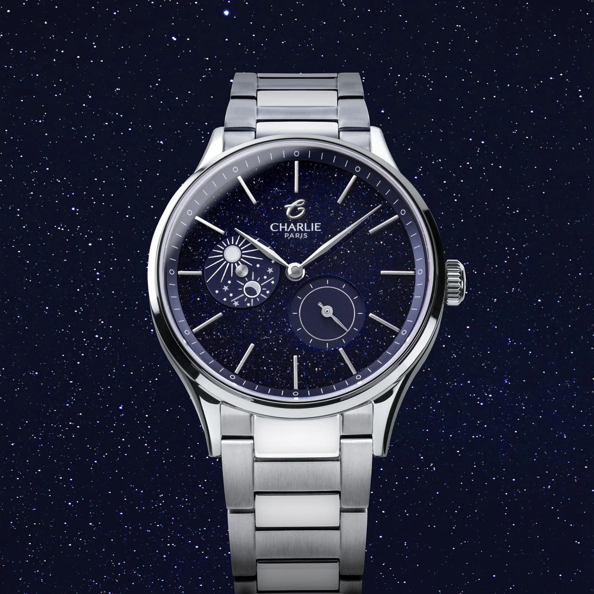 Charlie Paris Initial Jour/Nuit aventurine 36 mm : vue de face sur fond étoilé