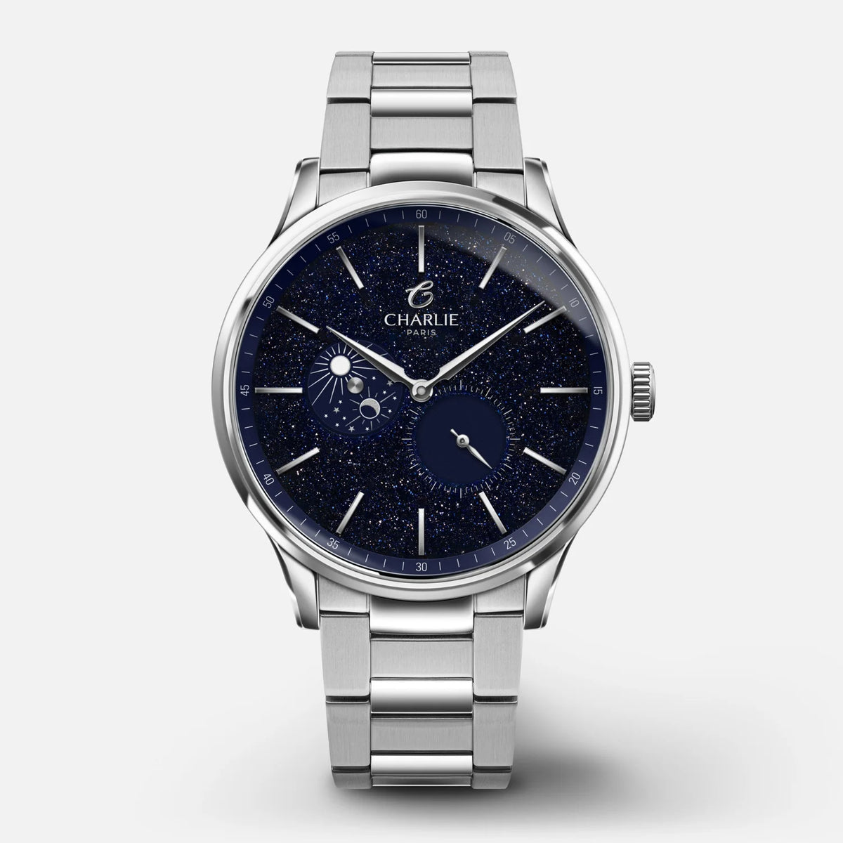 Charlie Paris Initial Jour/Nuit aventurine 40 mm : vue de face sur bracelet acier