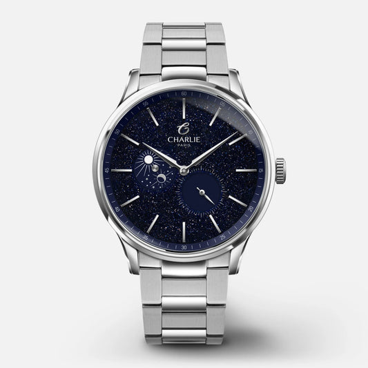 Charlie Paris Initial Jour/Nuit aventurine 40 mm : vue de face sur bracelet acier