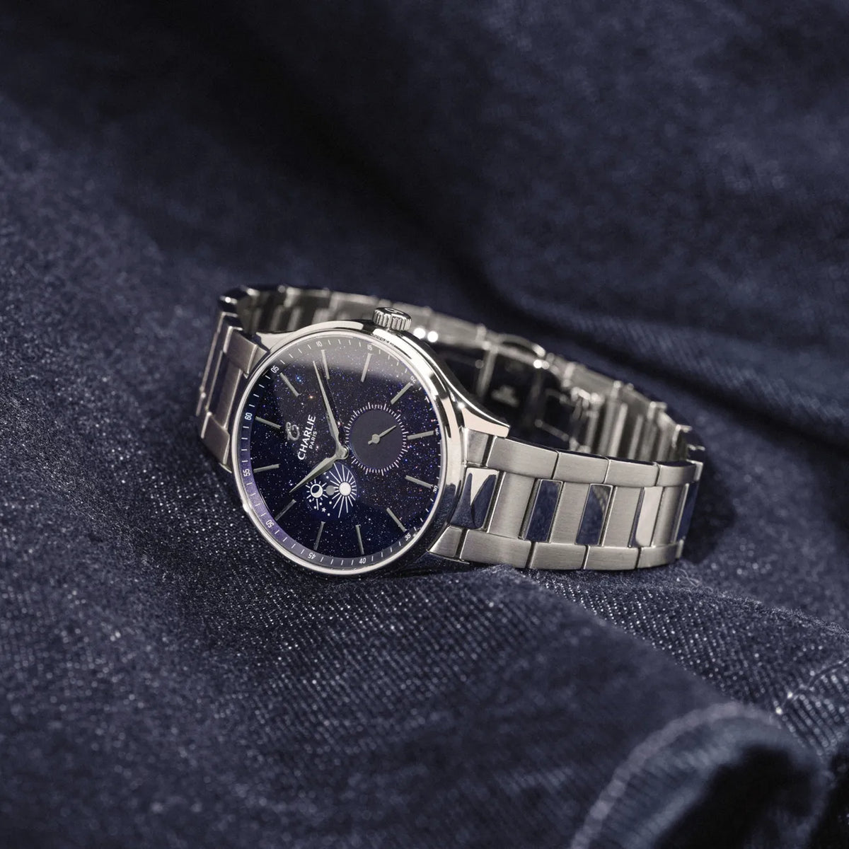 Charlie Paris Initial Jour/Nuit aventurine 40 mm : vue de trois quarts sur acier