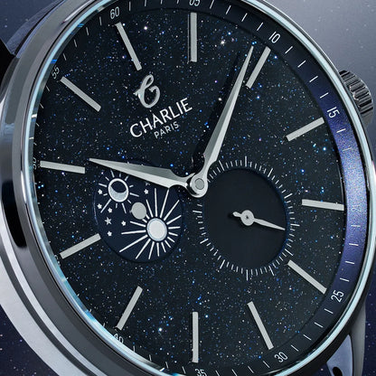 Charlie Paris Initial Jour/Nuit aventurine 40 mm : détail du cadran et du disque jour/nuit