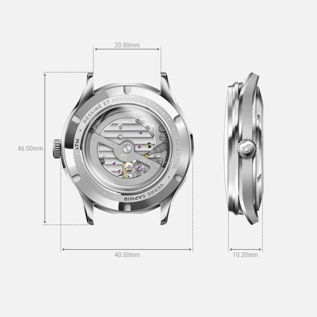 Charlie Paris Initial Jour/Nuit aventurine 40 mm : fond transparent et profil du boîtier