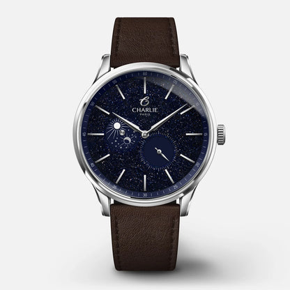 Charlie Paris Initial Jour/Nuit aventurine 40 mm : bracelet cuir chocolat