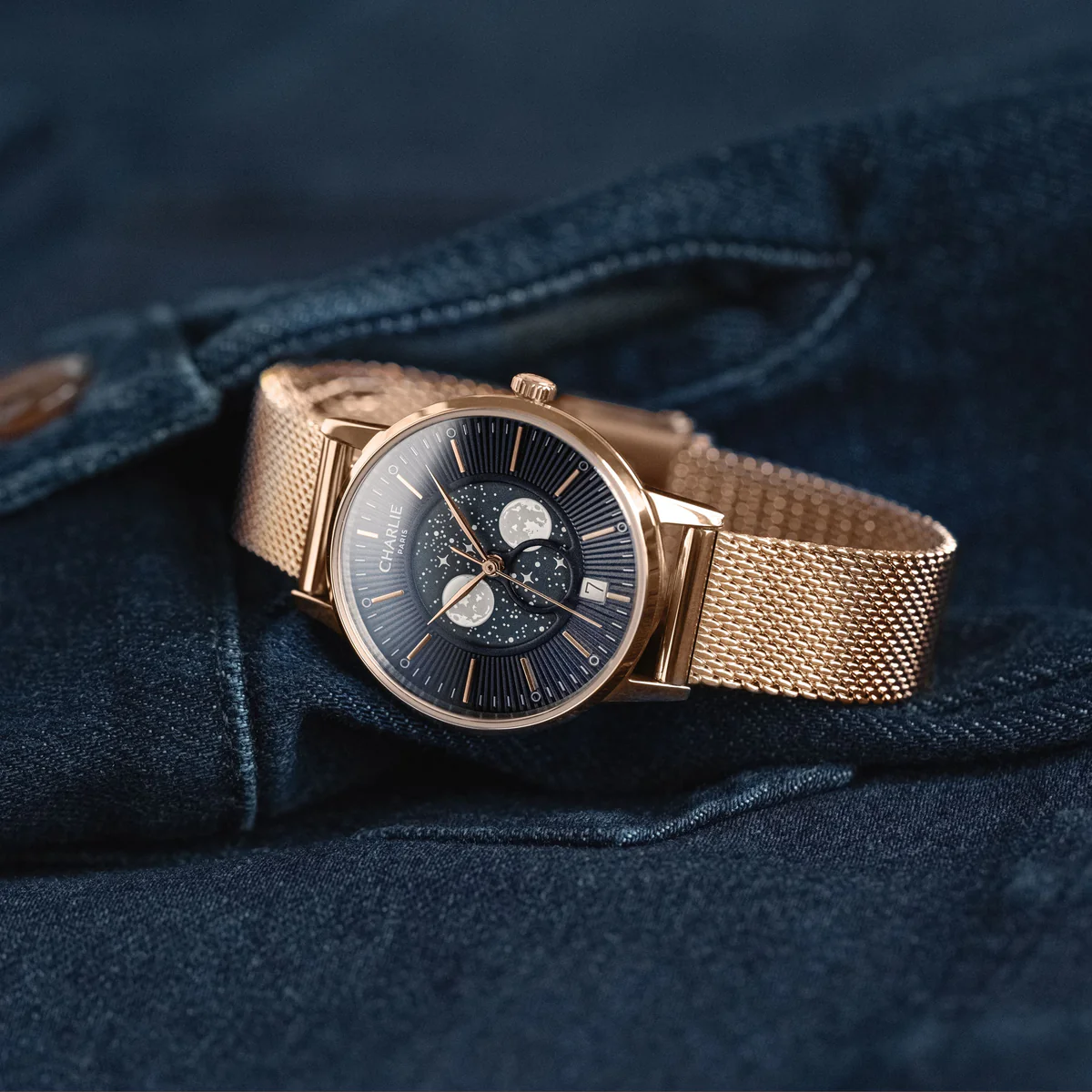 MONTRE CHARLIE PARIS : SULLY QUARTZ PHASE DE LUNE OR ROSE & BLEU