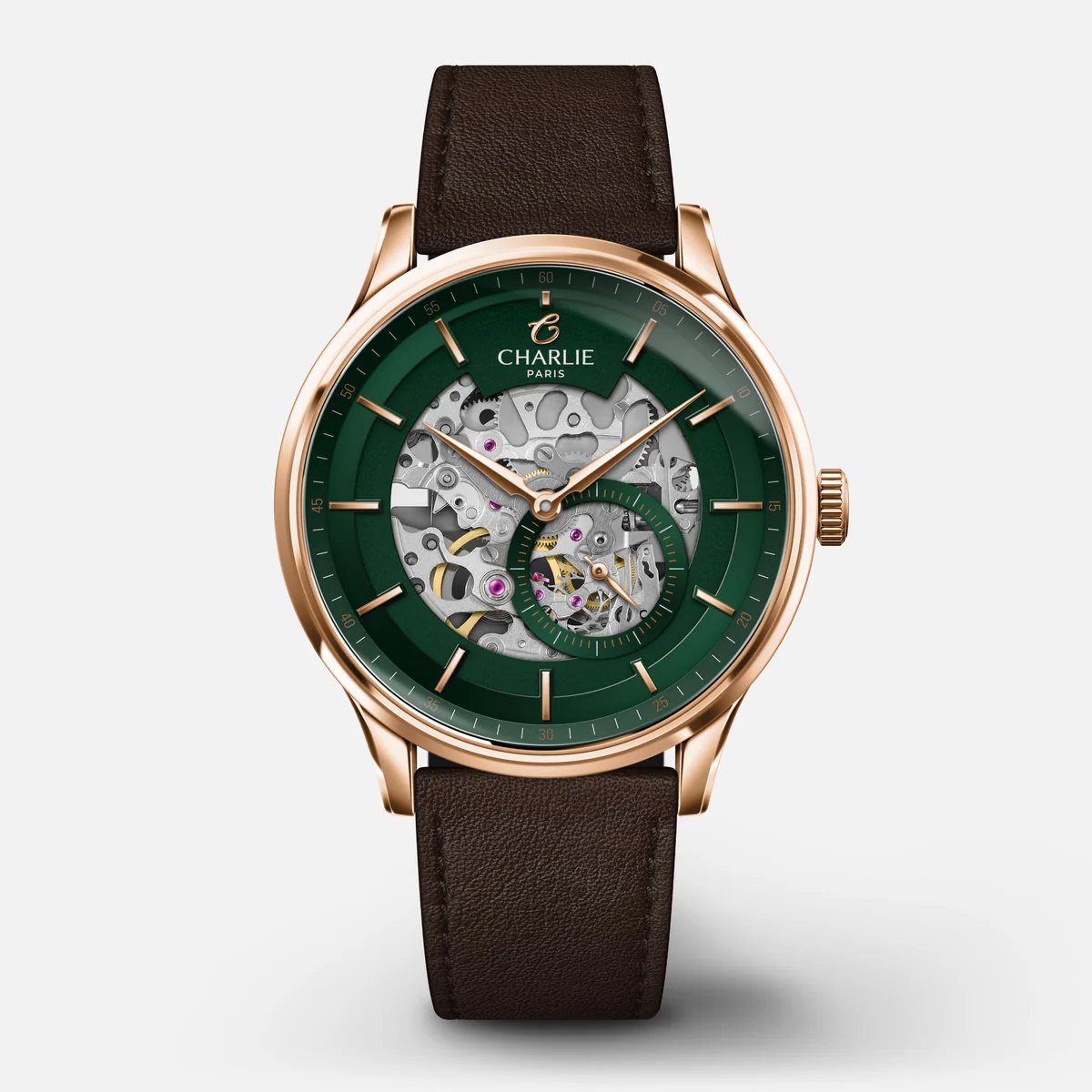 CHARLIE PARIS : INITIAL - SQUELETTE - VERT & DORÉ ROSE