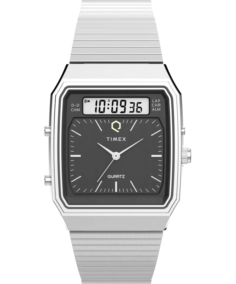 Timex : Q Timex 1982 Ana-Digi Reissue argenté noir 33 mm, vue de face
