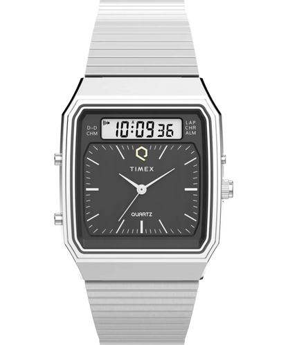 Timex : Q Timex 1982 Ana-Digi Reissue argenté noir 33 mm, vue de face