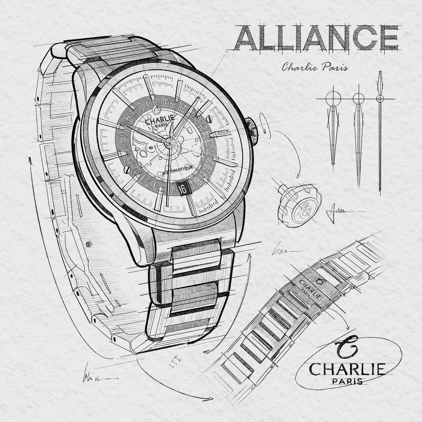 MONTRE CHARLIE PARIS : ALLIANCE AUTOMATIQUE SAPHIR BLANC