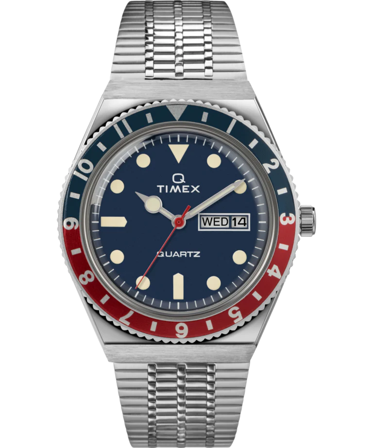 Timex : Q Timex 1979 Reissue bleu 38 mm, vue de face