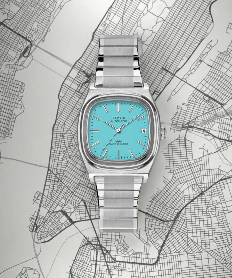 Timex : 1983 E Line automatique bleu 34 mm, vue de présentation