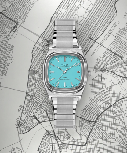 Timex : 1983 E Line automatique bleu 34 mm, vue de présentation