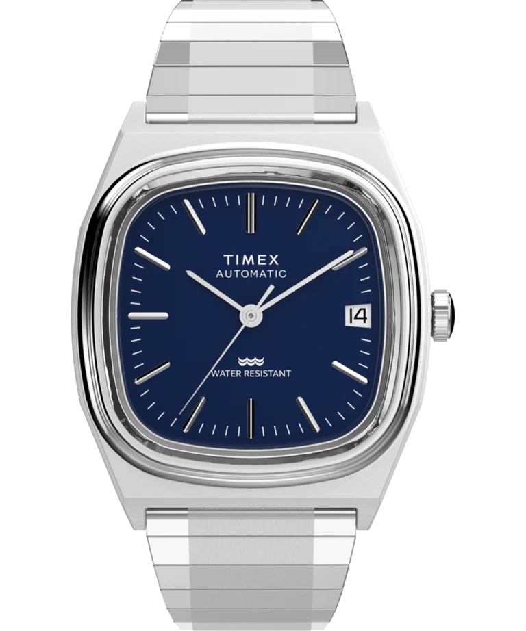 Timex : 1983 E Line automatique bleu 34 mm, vue de face