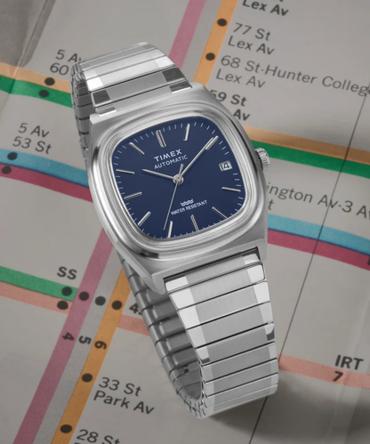 Timex : 1983 E Line automatique bleu 34 mm, vue de présentation