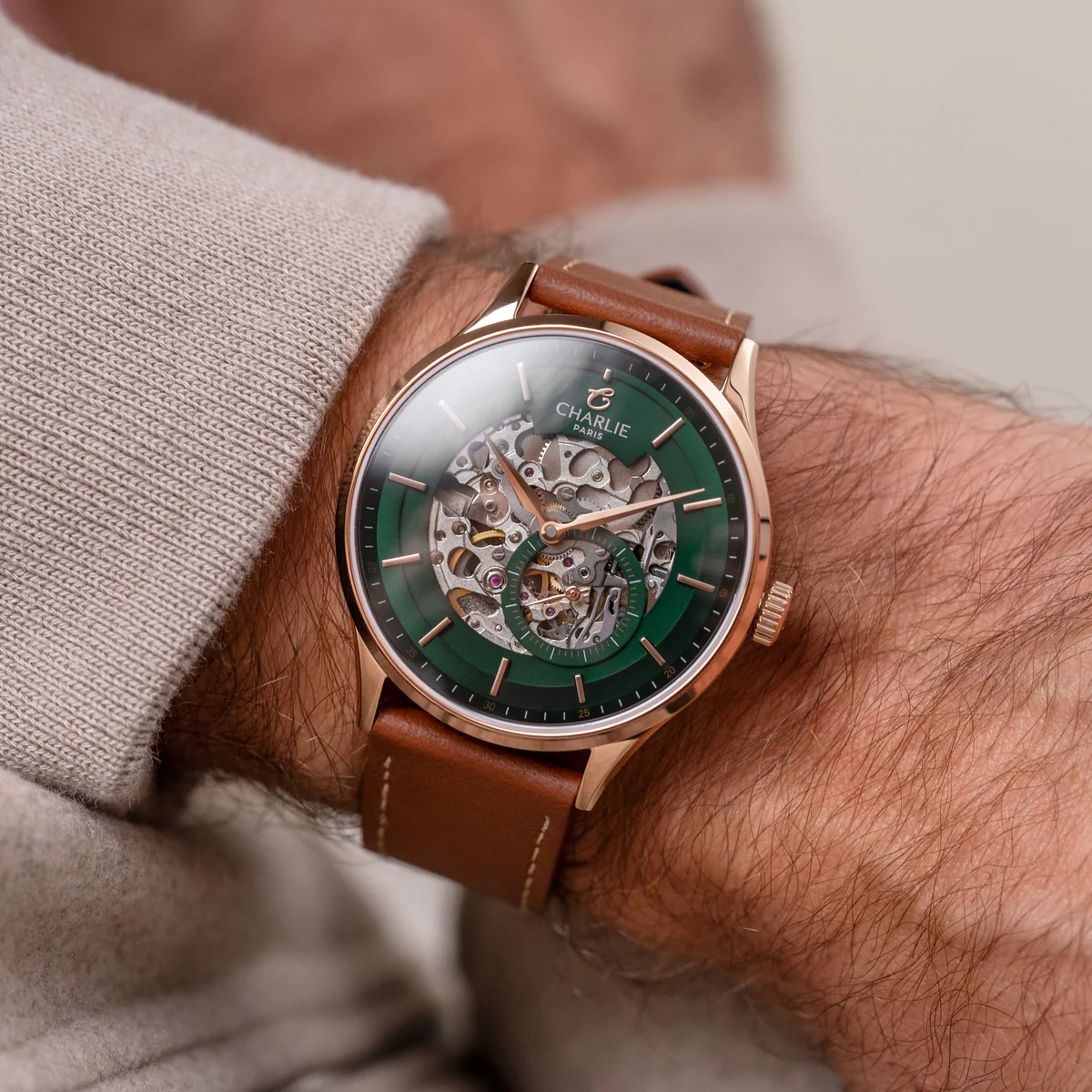 CHARLIE PARIS : INITIAL - SQUELETTE - VERT & DORÉ ROSE