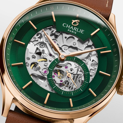 CHARLIE PARIS : INITIAL - SQUELETTE - VERT & DORÉ ROSE