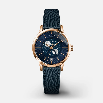 MONTRE CHARLIE PARIS : SULLY QUARTZ PHASE DE LUNE OR ROSE & BLEU