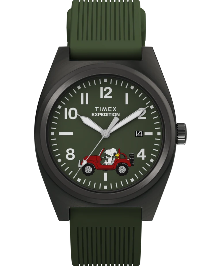 Timex : Peanuts x Timex Expedition Snoopy Road Trip vert 39 mm, vue de face