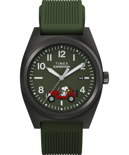Timex : Peanuts x Timex Expedition Snoopy Road Trip vert 39 mm, vue de face