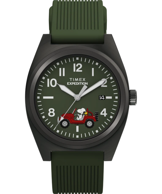 Timex : Peanuts x Timex Expedition Snoopy Road Trip vert 39 mm, vue de face