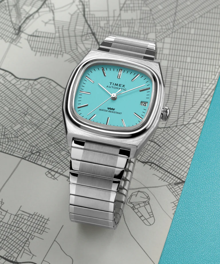 Timex : 1983 E Line automatique bleu 34 mm, vue de présentation