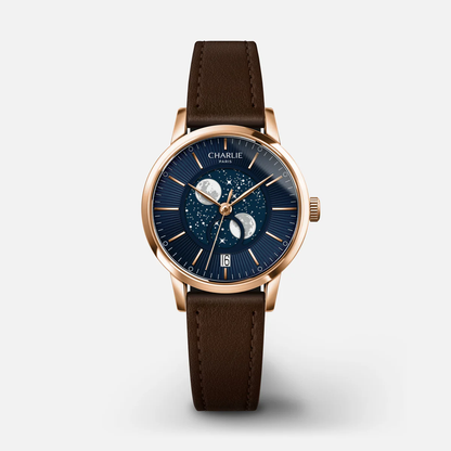 MONTRE CHARLIE PARIS : SULLY QUARTZ PHASE DE LUNE OR ROSE & BLEU