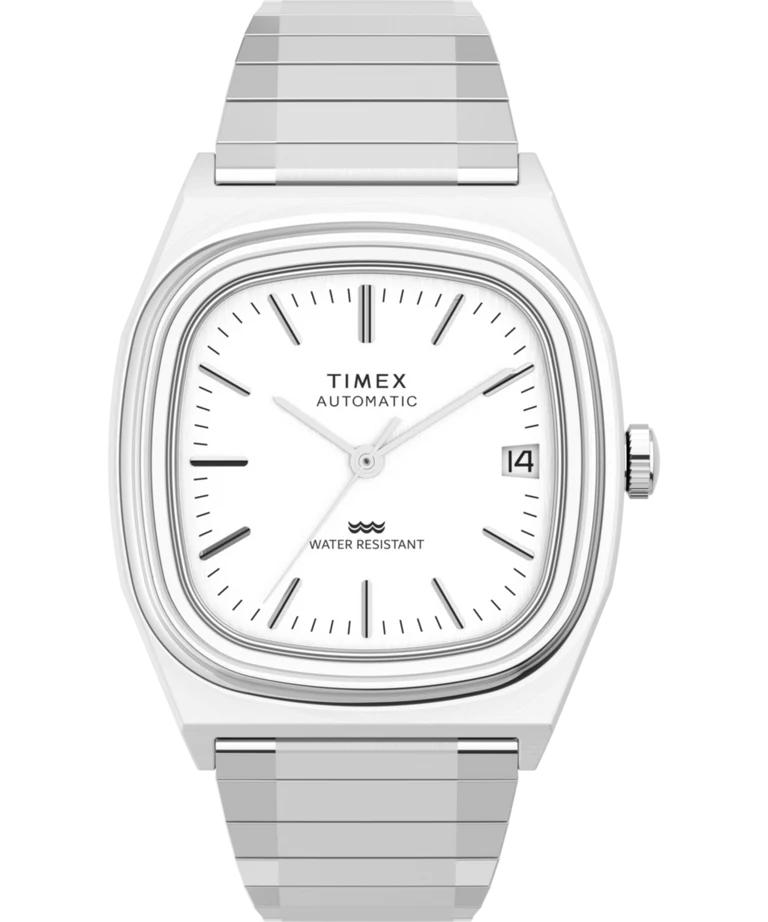 Timex : 1983 E Line automatique Reissue argenté 34 mm, vue de face