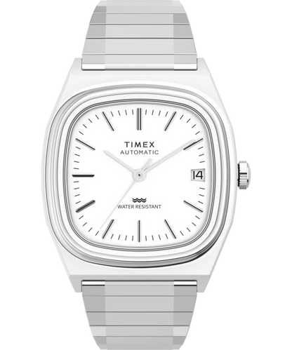Timex : 1983 E Line automatique Reissue argenté 34 mm, vue de face