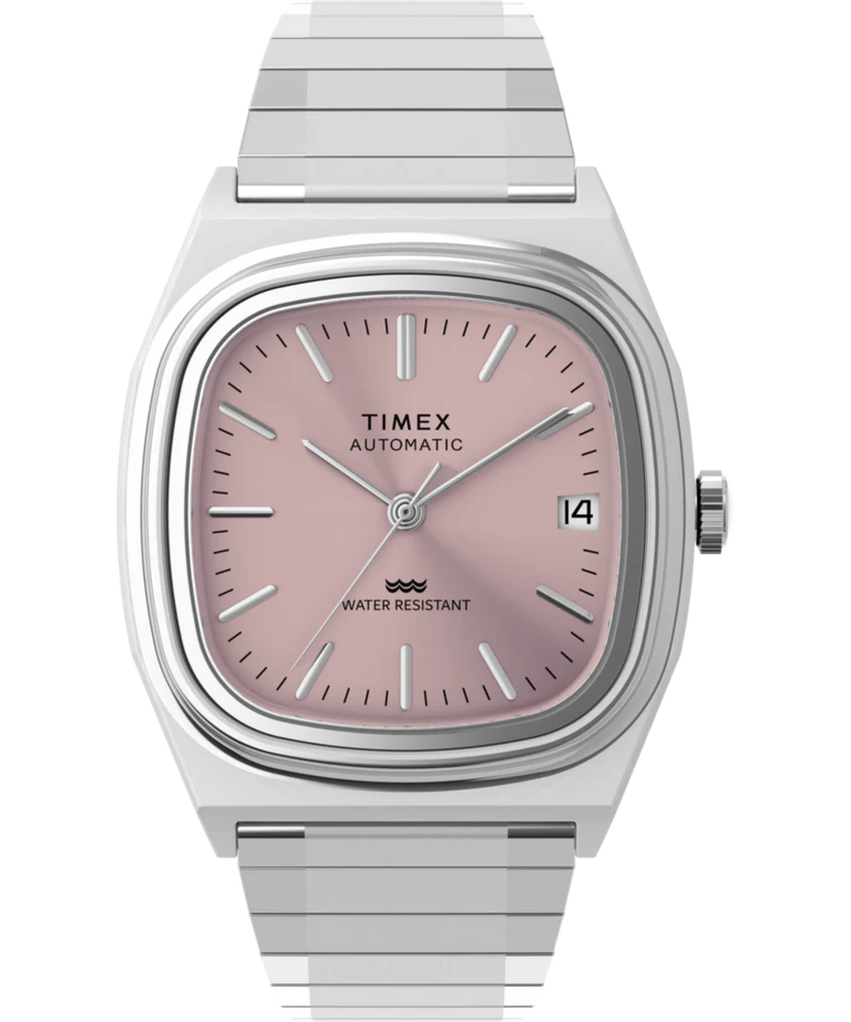 Timex : 1983 E Line automatique rose 34 mm, vue de face
