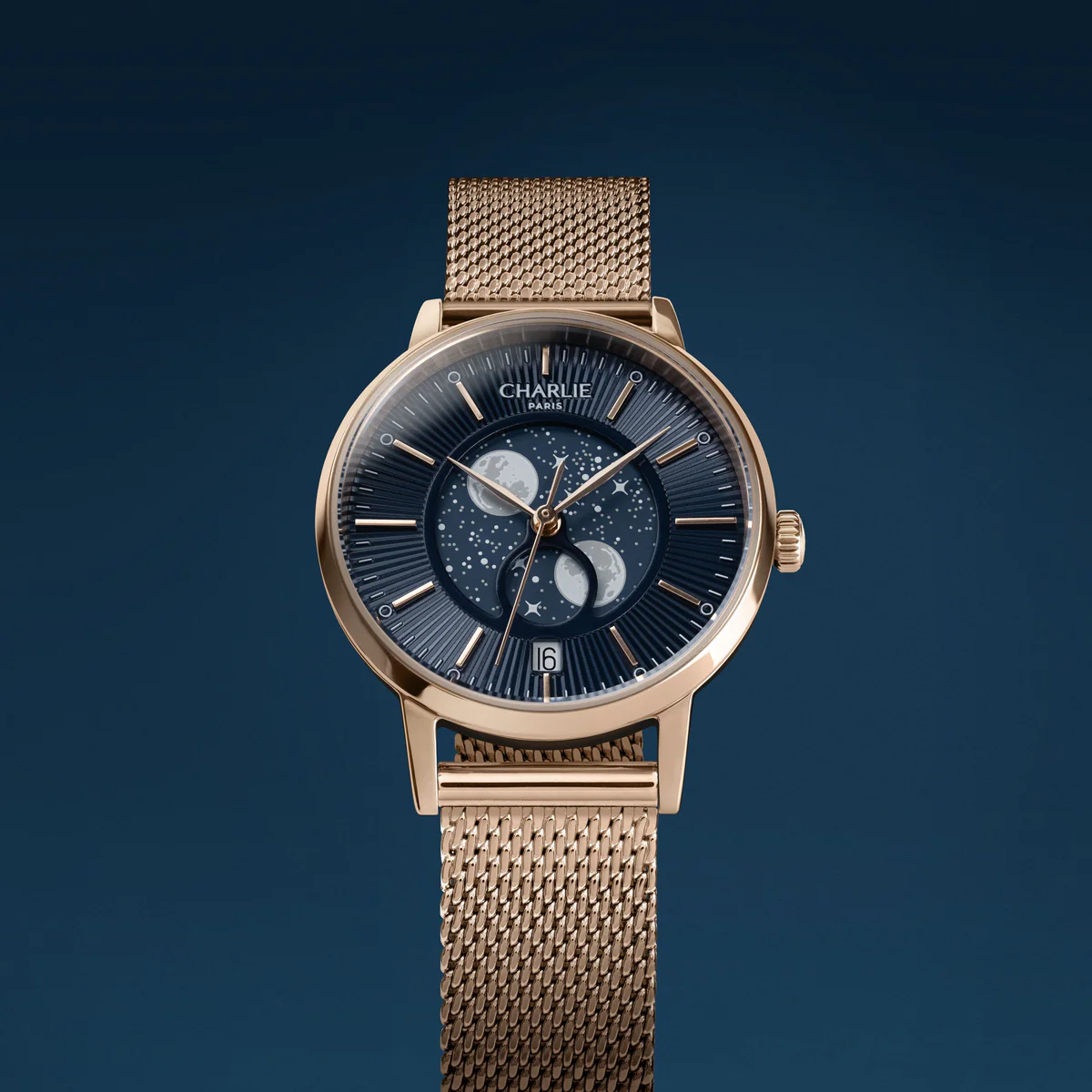 MONTRE CHARLIE PARIS : SULLY QUARTZ PHASE DE LUNE OR ROSE & BLEU