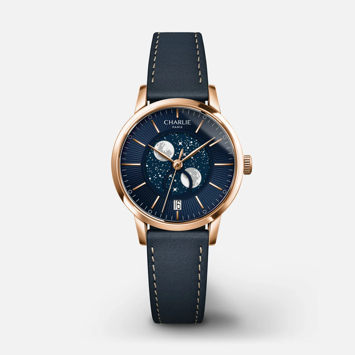 MONTRE CHARLIE PARIS : SULLY QUARTZ PHASE DE LUNE OR ROSE & BLEU