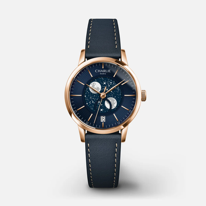 MONTRE CHARLIE PARIS : SULLY QUARTZ PHASE DE LUNE OR ROSE & BLEU