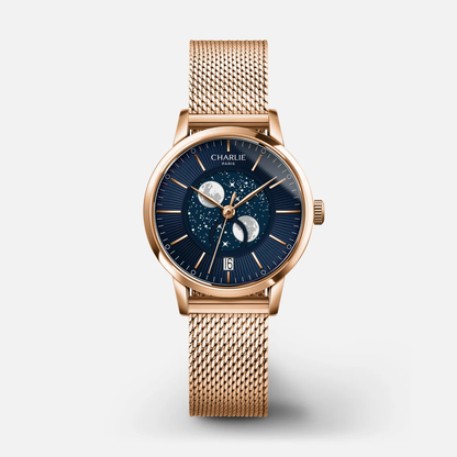 MONTRE CHARLIE PARIS : SULLY QUARTZ PHASE DE LUNE OR ROSE & BLEU