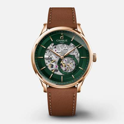CHARLIE PARIS : INITIAL - SQUELETTE - VERT & DORÉ ROSE