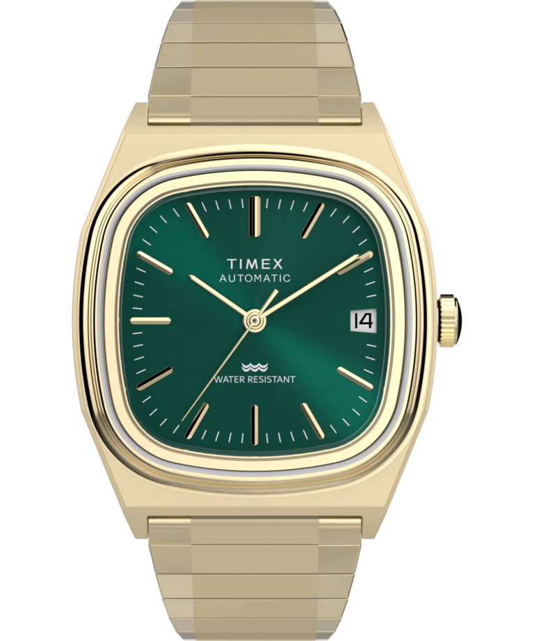 Timex : 1983 E Line automatique vert 34 mm, vue de face