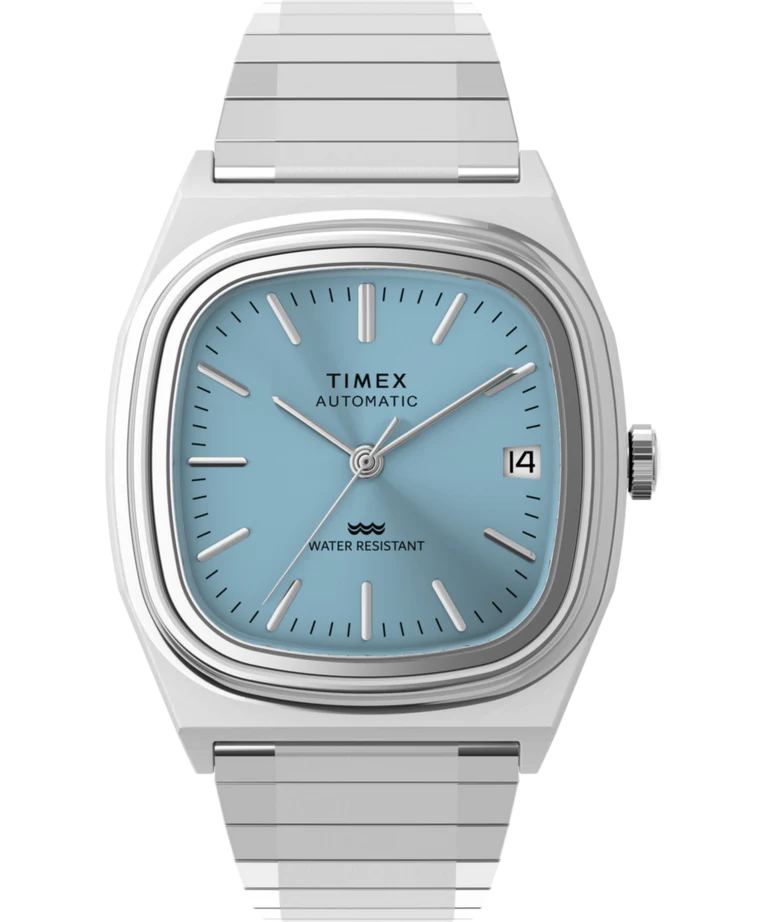 Timex : 1983 E Line automatique bleu 34 mm, vue de face