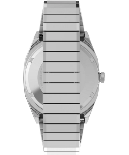 Timex : 1983 E Line automatique Reissue argenté 34 mm, vue de présentation