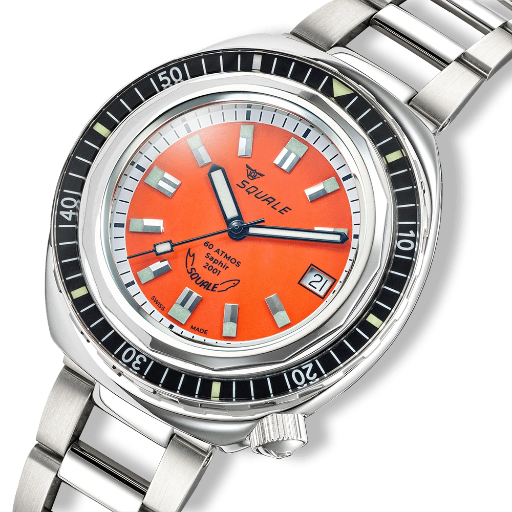 Squale 2001 Reverse Orange, détail du cadran et de la lunette