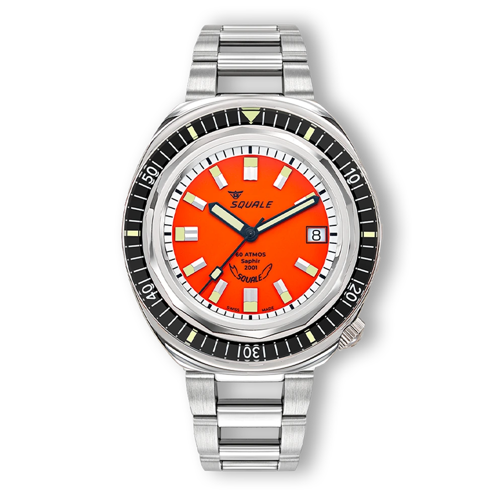 Squale 2001 Reverse Orange sur bracelet acier ajouré, vue de face