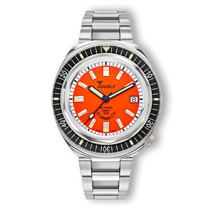 Squale 2001 Reverse Orange sur bracelet acier ajouré, vue de face