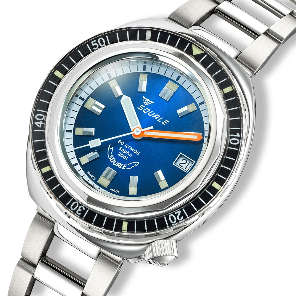 Squale 2001 Sunray Blue, détail du cadran et de la lunette