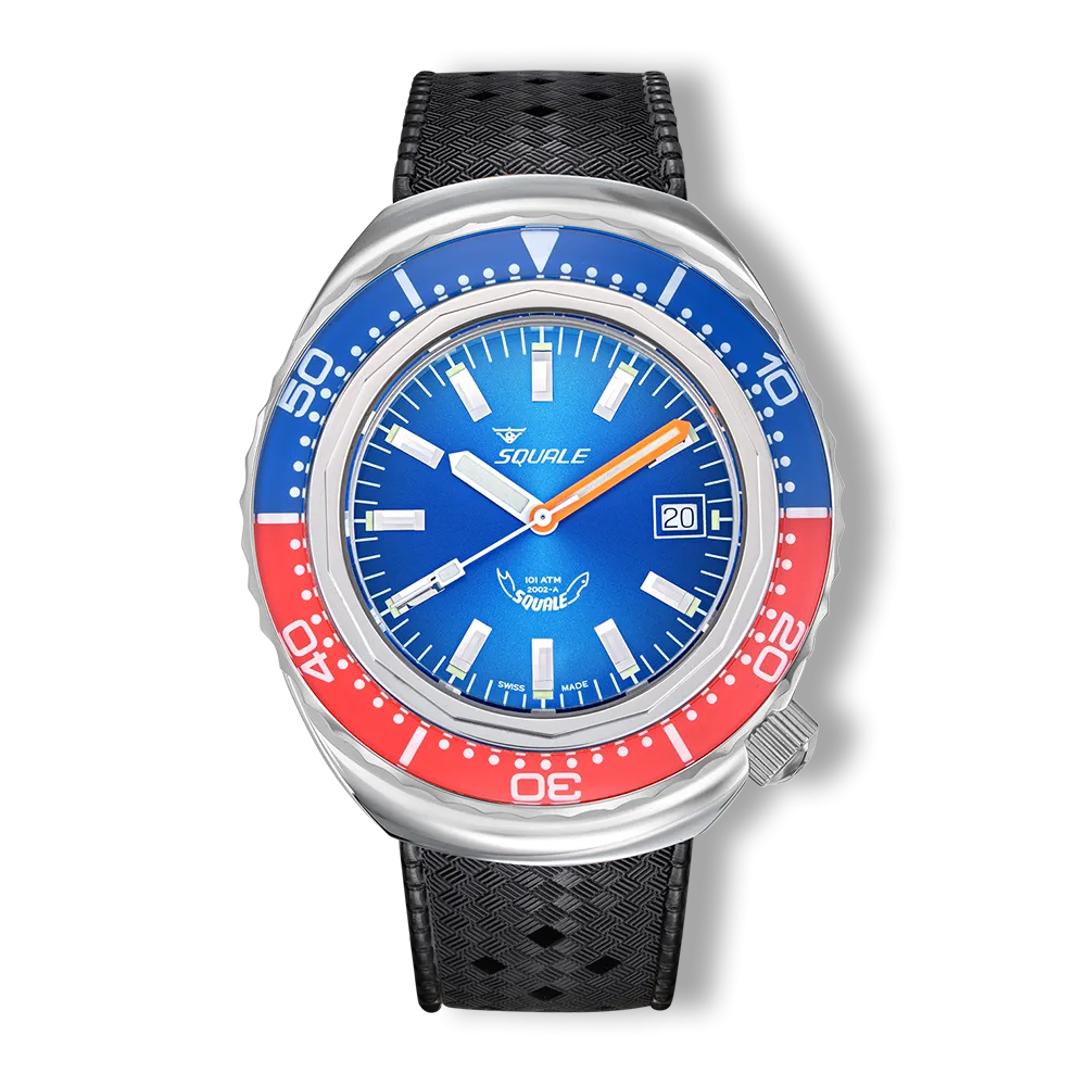 Squale 2002 bleu-rouge, caoutchouc noir, vue de face