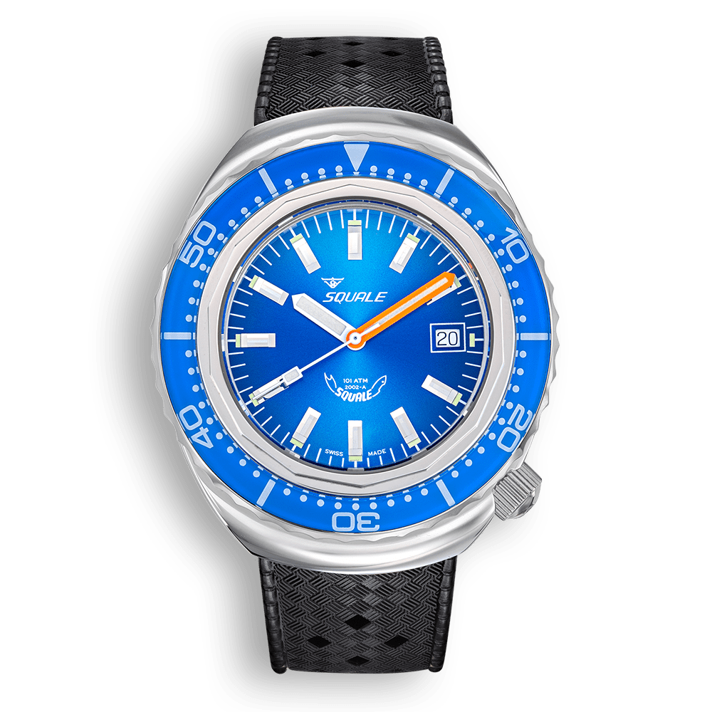 Squale 2002 bleue, caoutchouc noir, vue de face