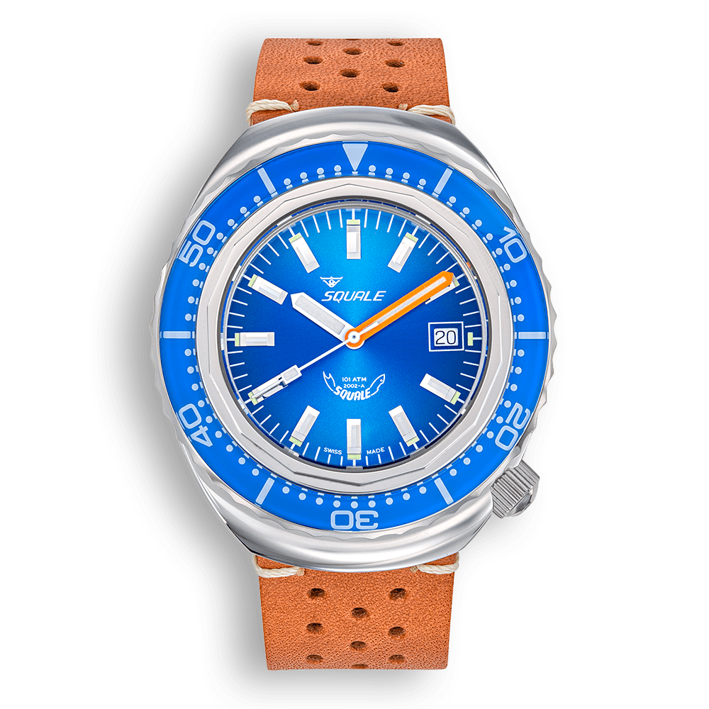 Squale 2002 bleue, cuir marron clair, vue de face