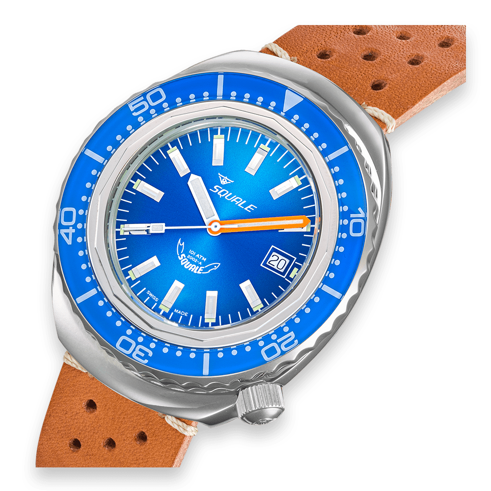 Squale 2002 bleue, cuir marron clair, profil et cadran