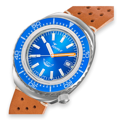 Squale 2002 bleue, cuir marron clair, profil et cadran
