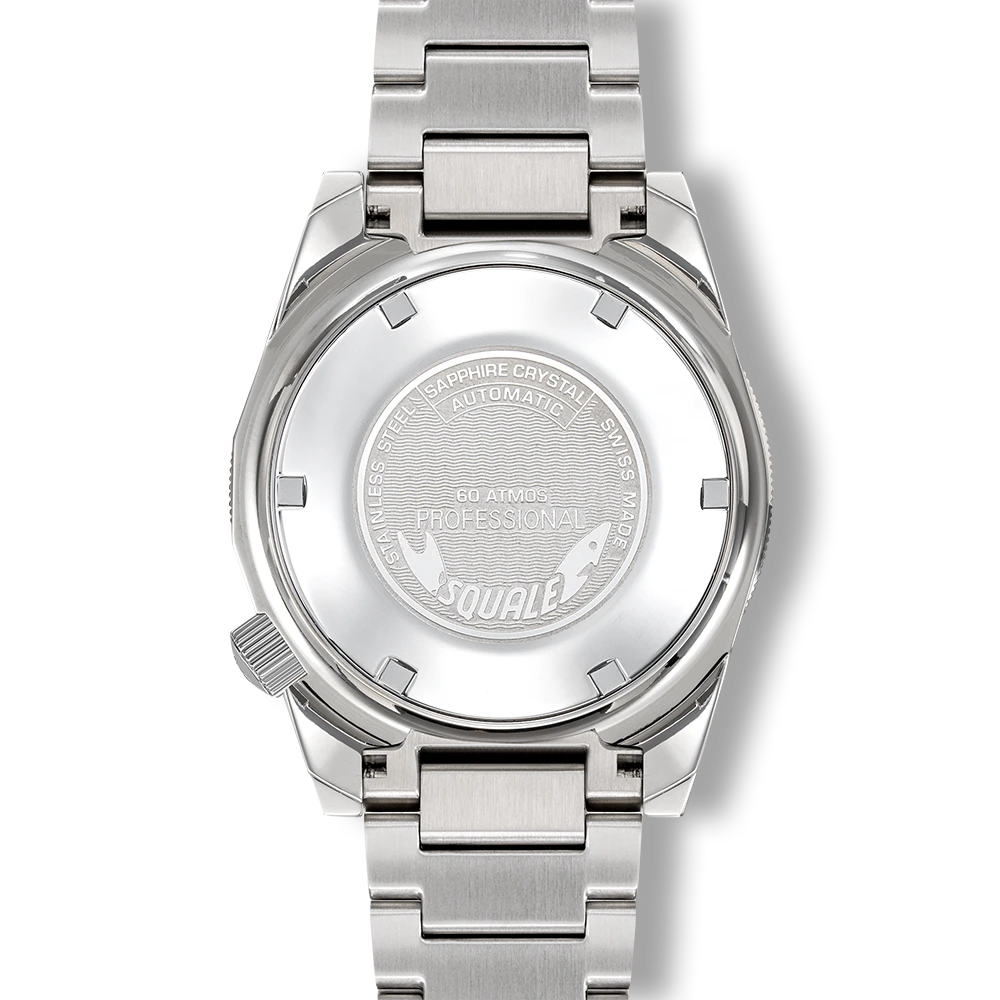 Squale Matic bleu foncé, bracelet acier, fond du boîtier