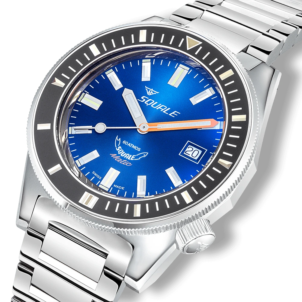 Squale Matic bleu foncé, bracelet acier, profil et couronne